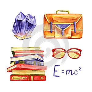 Premium quality watercolor icons set of study skills, school learning and education. Hand drawn realistic decoration