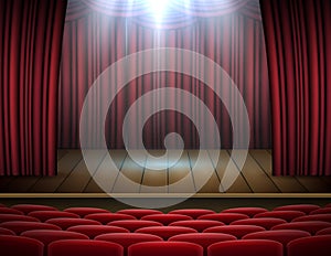 Premium red curtains stage, theater or opera background with spotlight