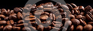 Premium roasted coffee beans on elegant black background banner for coffee lovers and cafes