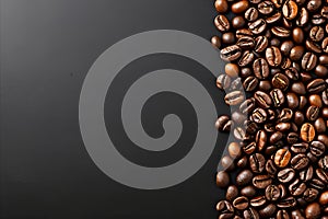 Premium roasted coffee beans on elegant black background banner for coffee lovers and cafes
