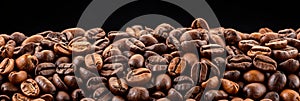 Premium roasted coffee beans on elegant black background, perfect for coffee lovers and trendy cafes