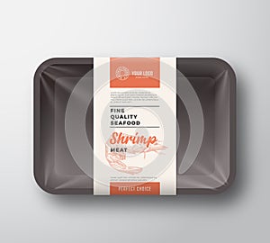 Premium Seafood Pack. Abstract Vector Plastic Tray Container with Cellophane Cover. Packaging Design Label. Modern