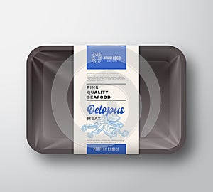 Premium Seafood Pack. Abstract Vector Plastic Tray Container with Cellophane Cover. Packaging Design Label. Modern