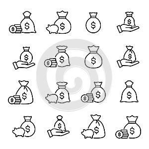 Premium set of moneybag line icons.