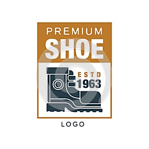 Premium shoe logo, estd 1963 badge for footwear brand, shoemaker or shoes repair vector Illustration