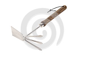 premium stainless steel gardening rake with brown wooden handle isolated in perspective on white background