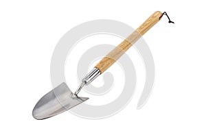 premium stainless steel gardening shovel spade with brown wooden handle in perspective isolated on white background