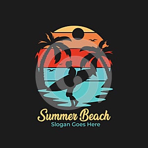 Summer Beach Vintage T-Shirts Vector Silhouette Man Surfboard Sunset Sunrise