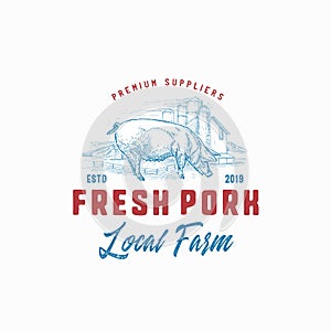 Premium Suppliers Pork Farm Retro Badge or Logo Template. Hand Drawn Pig and Farm Landscape Sketch with Retro Typography