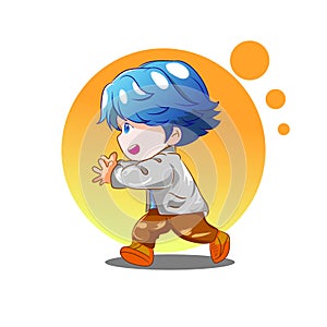 Premium vector l cute boy run, blue hair, korean anime style. free royalti