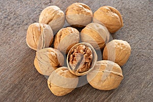 Premium walnuts on a wooden table