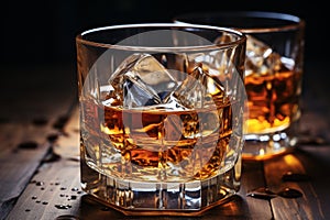 Premium whiskey glass with ice on rustic wooden table, selective focus and elegant presentation