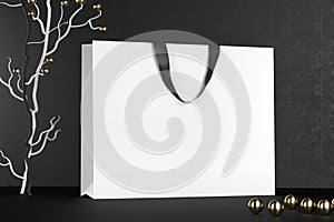 Premium white shopping bags mock-up, package for purchases on a black background. White paper shopping bag with black