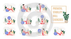 Prenatal + Pregnancy Workouts set. stability ball exercises. Working out and fitness, pregnancy concept.
