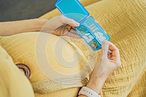 Prenatal Vitamins. Portrait Of Beautiful Smiling Pregnant Woman Holding Pill Box, Taking Supplements For Healthy