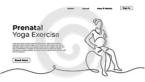 Prenatal yoga exercise, woman doing healthy pose during pregnant. Continuous one line art drawing minimalist, landing page