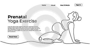 Prenatal yoga exercise, woman doing healthy pose during pregnant. Continuous one line art drawing minimalist, landing page