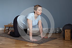 Prenatal yoga meditation. Pregnant woman doing cat yoga pose at home