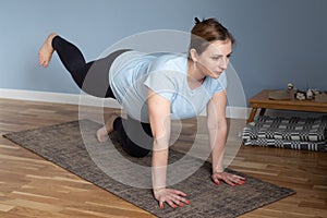 Prenatal yoga meditation. Pregnant woman doing cat yoga pose at home