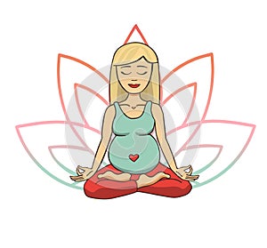 Prenatal yoga. Vector illustration of young cute blonde girl meditating in lotus position with flower petals in pink and blue grad