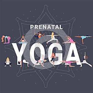 Prenatal yoga . yoga body posture. group of Woman practicing yoga. vector illustration design. Young beautiful pregnant