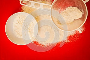 Preparation for baking, ingredients flour sifting.
