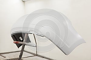 Preparation of the car bumper for painting. Vehicle element in the paint shop.