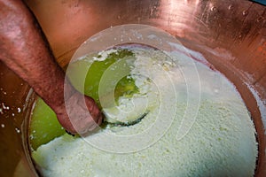 Preparation of cheese in large pot