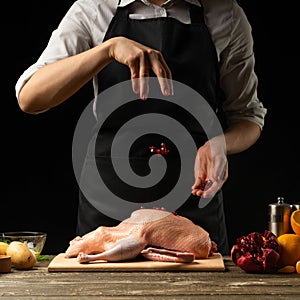 Preparation of the chef duck for Christmas, Thanksgiving, New Year`s Day. Recipe book menu, restaurant menu, instagram, hotel