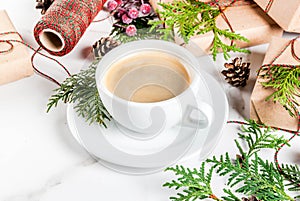 Preparation for Christmas with coffee and gifts