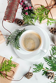 Preparation for Christmas with coffee and gifts