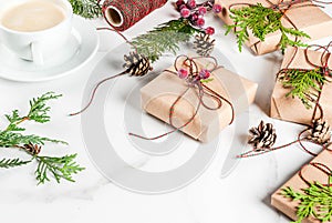 Preparation for Christmas with coffee and gifts