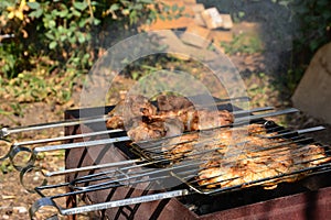 Preparation, Cooking kebabs on charcoal outdoor