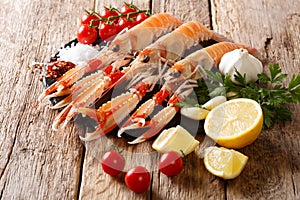 Preparation for cooking raw langoustine, scampi with vegetables, herbs and spices close-up on a board on a wooden. horizontal
