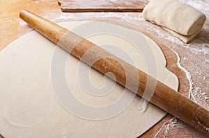 Preparation of the Dough on Wooden Background with Rolling Pin, Flour and Free Space for Text
