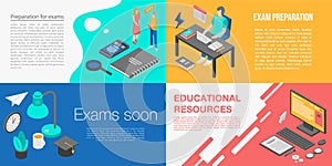 Preparation for exams banner set, isometric style