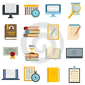 Preparation for exams icons set flat vector isolated