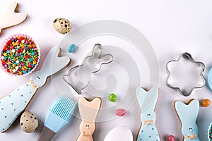 Preparation of gingerbread cookies. Easter cookies in the shape of a funny rabbit , tools necessary to make gingerbread pastry