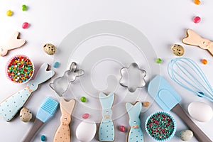 Preparation of gingerbread cookies. Easter cookies in the shape of a funny rabbit , tools necessary to make gingerbread pastry,