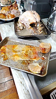 Preparation of home cooked turkey in kitchen with separated browned skin