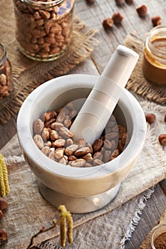 Preparation of homemade hazelnut butter in a marble mortar