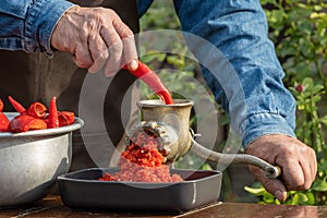 Preparation of homemade sauce with a sweet bell peppers, hot pepper chilli with a grinding machine