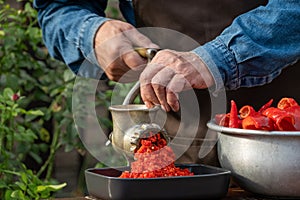 Preparation of homemade sauce with a sweet bell peppers, hot pepper chilli with a grinding machine. Man grinding red peppers on ol