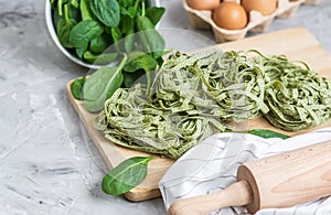 Preparation Italian Raw Homemade Green Spinach Pasta Tagliatelle Cooking Baking Kitchen Table Different Ingredients