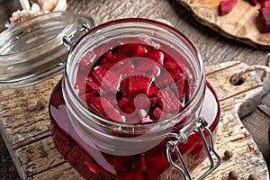 Preparation of kvass - fermented red beets, in a jar