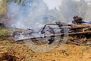 Preparation of land for construction by burning downed trees in preparation for construction