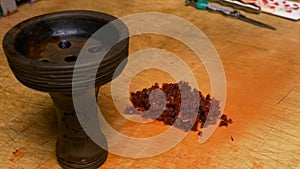 Preparation of a mixture of tobacco for Smoking hookah. tobacco preparation in the bowl of shisha. Hookah tobacco in