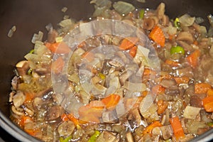 Preparation of mushrooms with carrot and onion in slow cooker