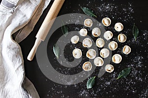 Preparation of pelmeni. Top view. Ingredients on black table. Traditional Russian cuisine.
