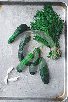 Preparation for pickling cucumbers. Preservation. Summer food concept. Top view. Flat lay